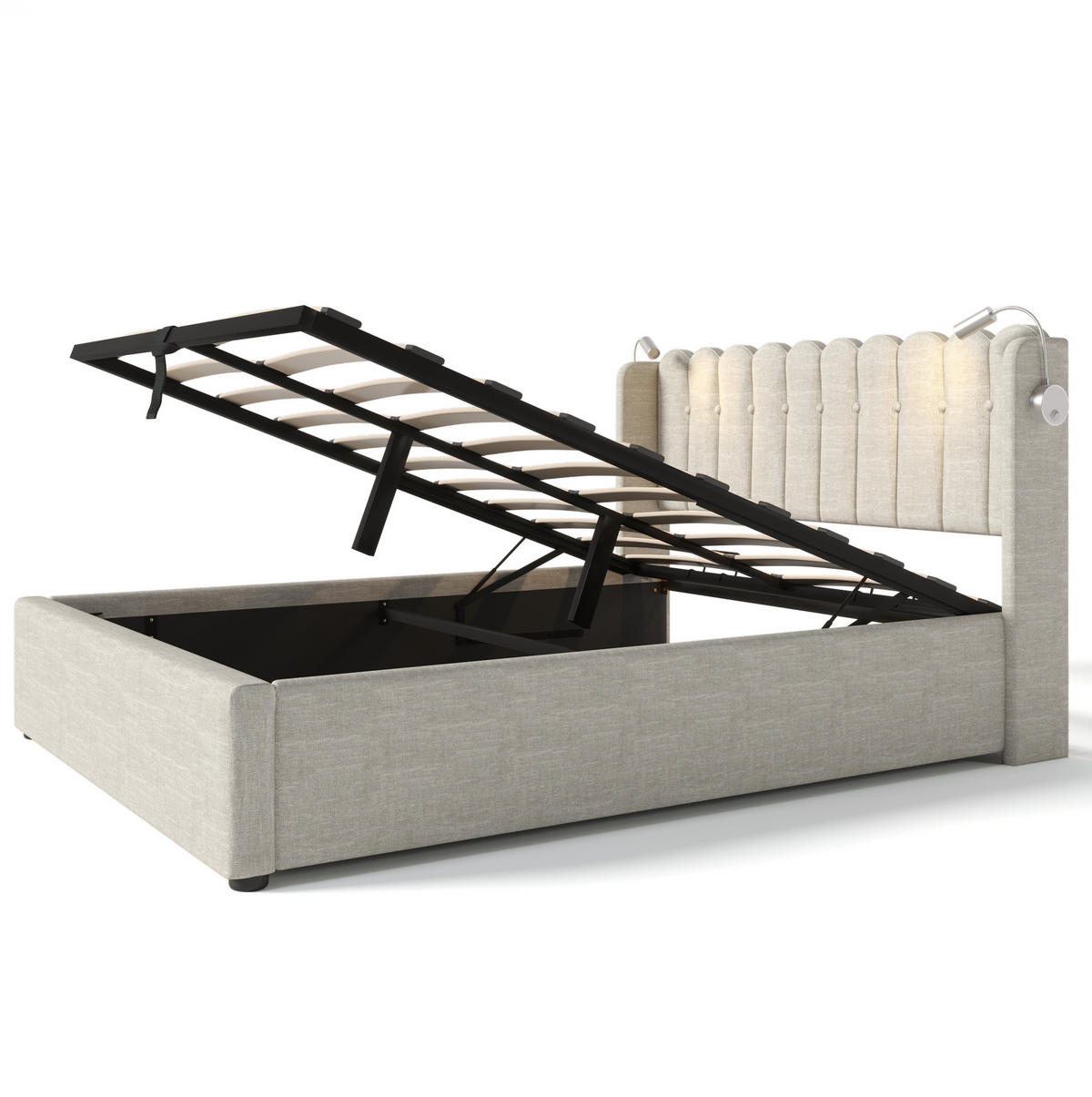 POLSTERBETT 140/200 cm mit Bettkasten, USB und Leselicht in Natur - Naturfarben, Textil (140/200cm) - BEAOK