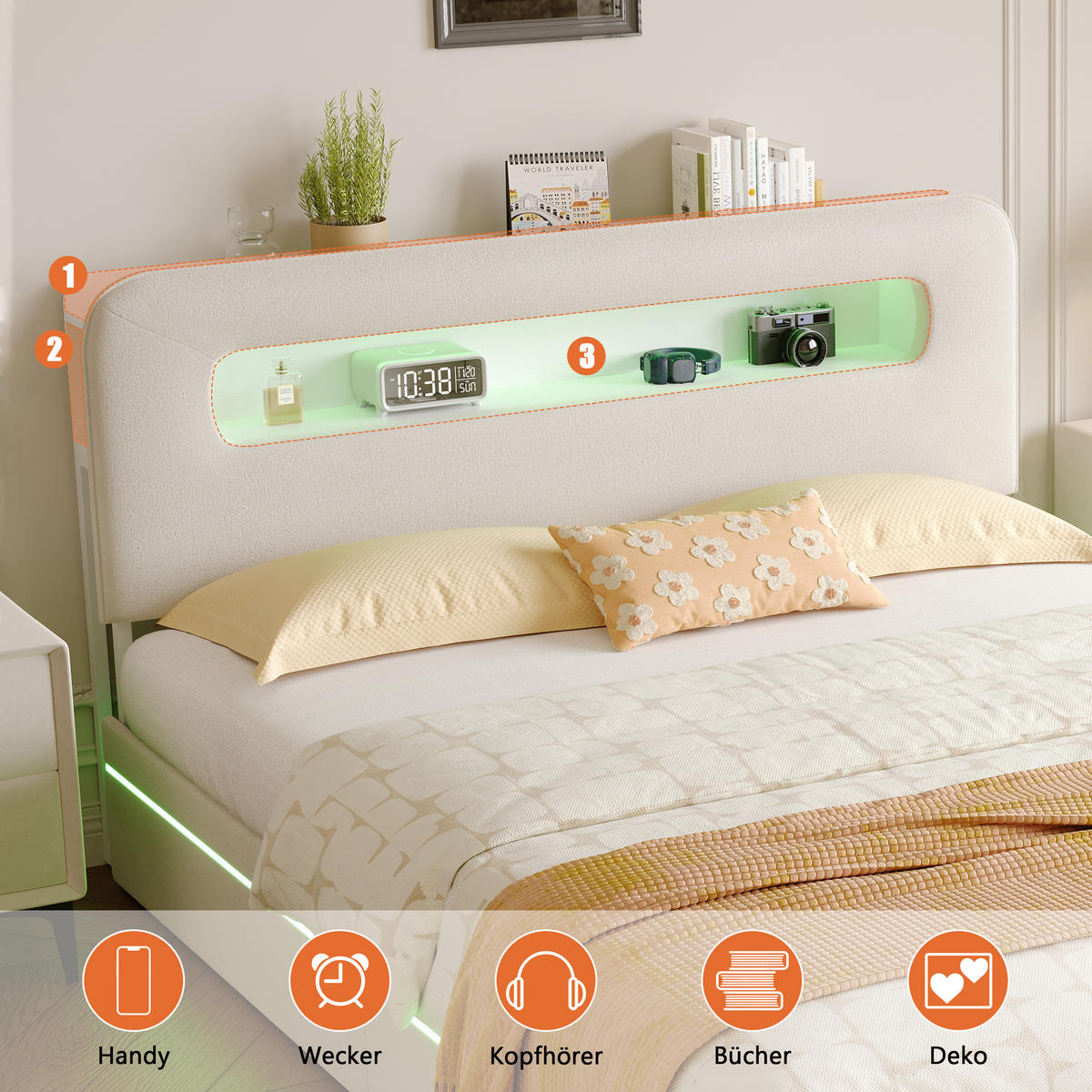 POLSTERBETT 140/200 cm Beige mit hydraulischem Stauraum, LED-Kopfteil mit Ablage und USB-Anschluss - Beige, Metall (140/200cm) - EuroLiving