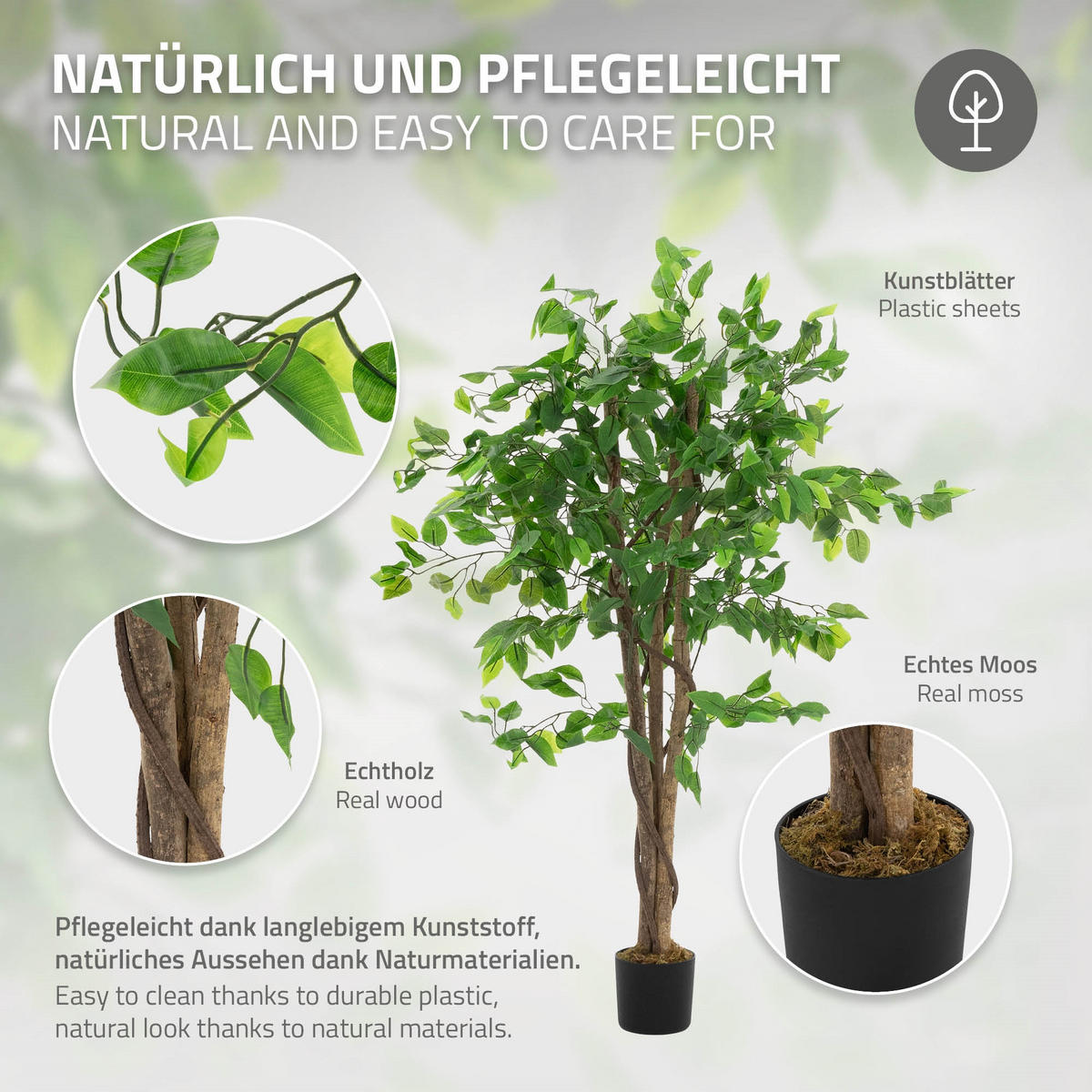 KUNSTPFLANZE Ficus 120 cm mit Naturholzstamm für Innen/Außen - Schwarz/Grün, Kunststoff/Textil (120cm) - ML-DESIGN