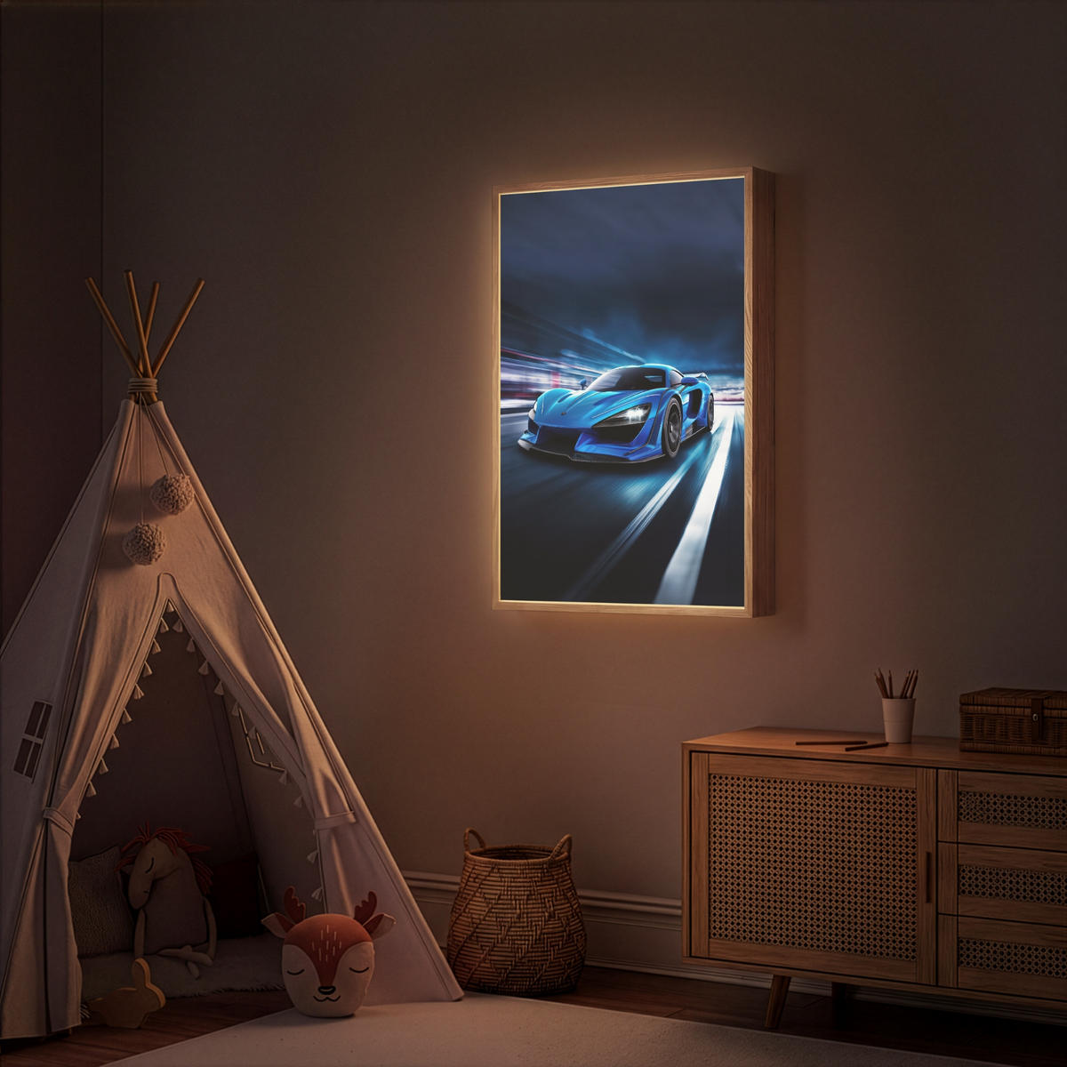 DOBÍJECÍ NOČNÍ LAMPIČKA Auto - Modrá - Chlapci - Dítě 70x100 cm - modrá, kompozitní dřevo (8/70/100cm) - OnlyWow