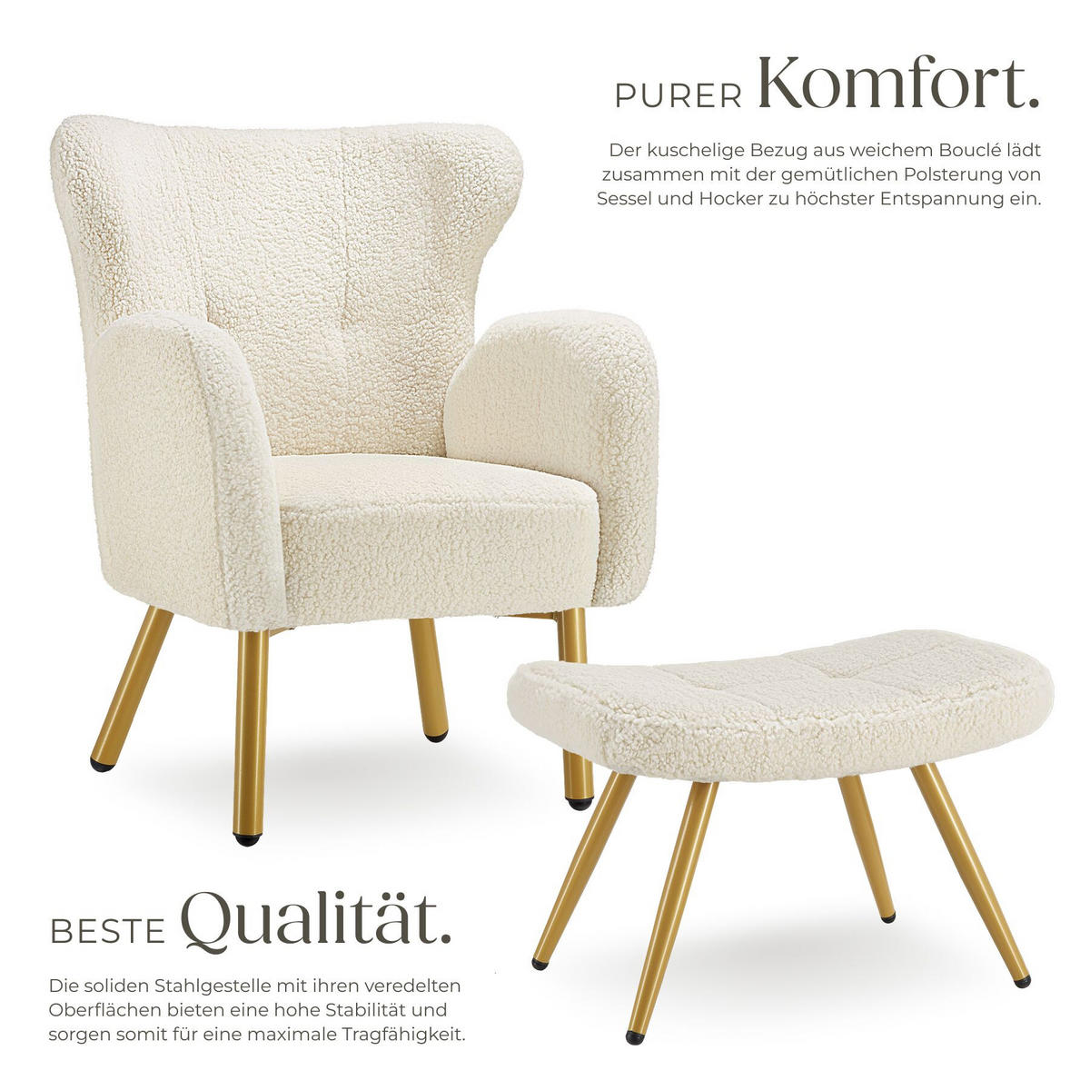 SESSEL MIT HOCKER Vänersborg, Belastbarkeit 120 kg, Bouclé creme/gold - Goldfarben/Creme, Kunststoff (72/92/71cm) - tectake