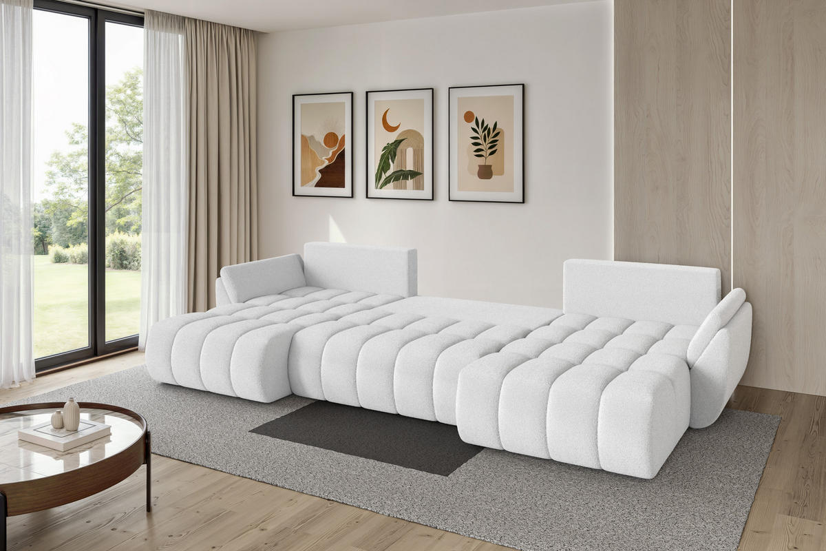 SEDACÍ SOUPRAVA DO U s funkcí spaní a úložným prostorem TOKO-U-v1 378x194x86 bílá bouclé - bílá/černá, kompozitní dřevo/textil (378/86/194cm) - ALTDECOR