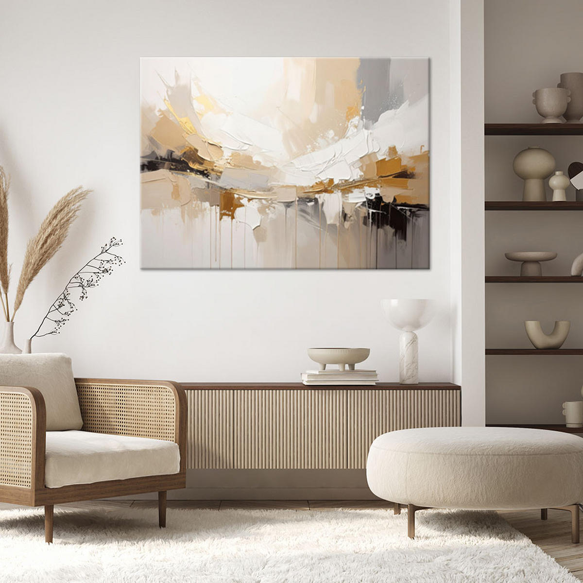 WANDBILD, Minimalistische abstrakte Landschaft in hellen Beigetönen - Beige, Textil (60/40cm) - Feeby