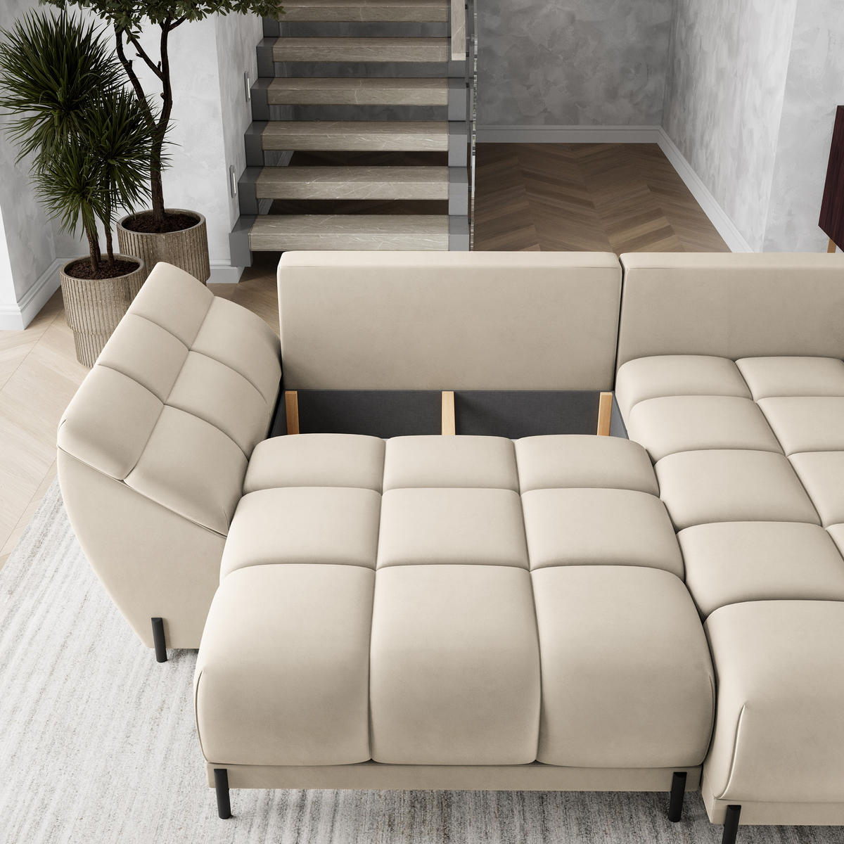 ECKSOFA VESTANO R-S Creme Velours-Stoff mit Schlaffunktion - Creme, Holz (287/182cm) - MASSENO