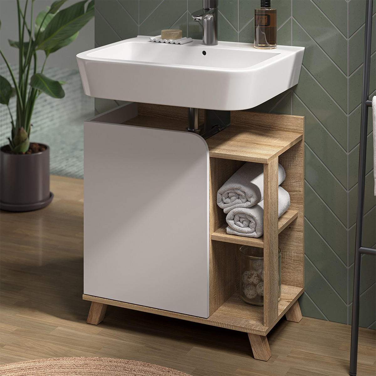 WASCHBECKENUNTERSCHRANK Karen Sonoma/Weiß 60 x 65 cm mit Tür und offenen Fächern - Weiß/Sonoma Eiche, Holzwerkstoff (60/65/35cm) - Vicco
