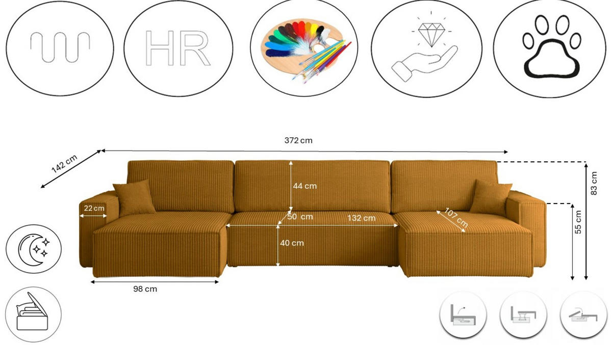 ECKSOFA Mit Schlaffunktion Und Bettkasten BEST U XL Stoff Poso Senffarbe - Gelb, Holz (142/372cm) - Kaiser Möbel