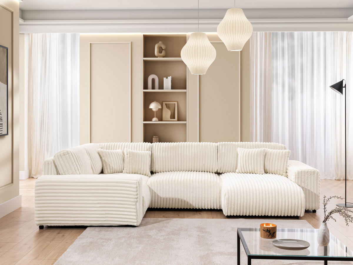 WOHNLANDSCHAFT Mollis Hellbeige Plüschcord im XXL-Format - Ottomane Rechts - Beige/Schwarz, Holz/Kunststoff (316/77/194cm) - S-Style Möbel