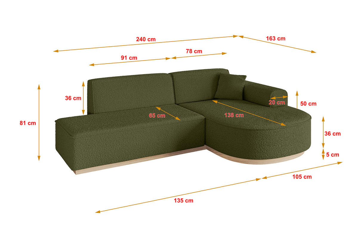ECKSOFA Ottomane Rechts ARRIO-L1 - 243x171x83 cm Grün - Grün, Holzwerkstoff/Textil (243/171cm) - ALTDECOR