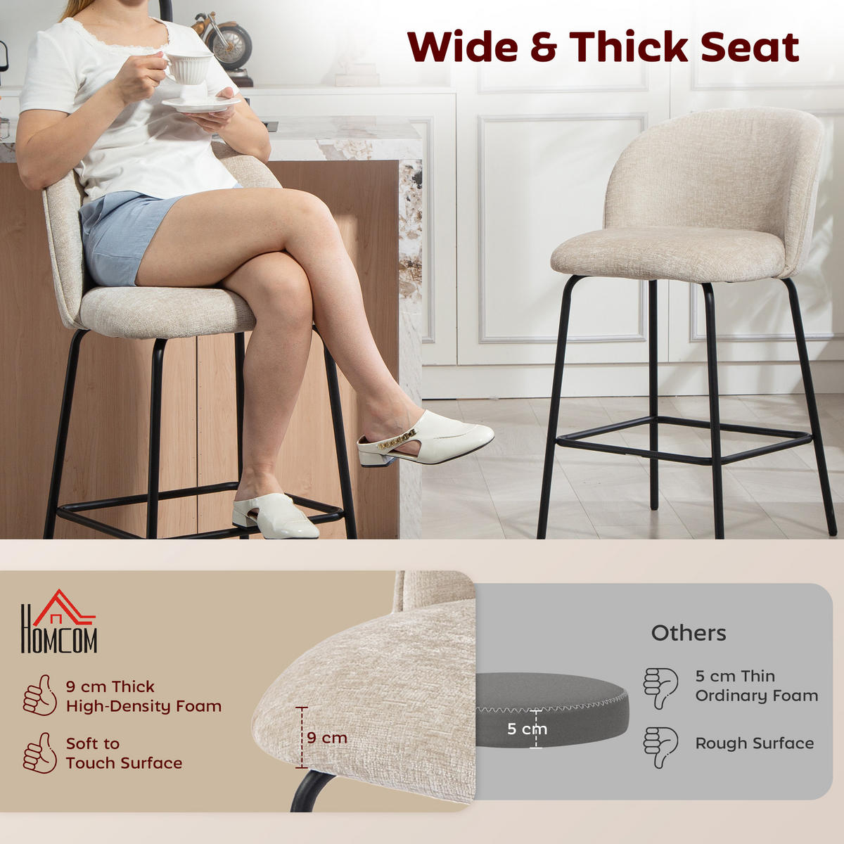 BARHOCKER 2er Set Barstuhl mit Fußstütze, Lehne, Sitzhöhe 68 cm, Beige - Beige/Schwarz, Textil (50/93/55cm) - HOMCOM