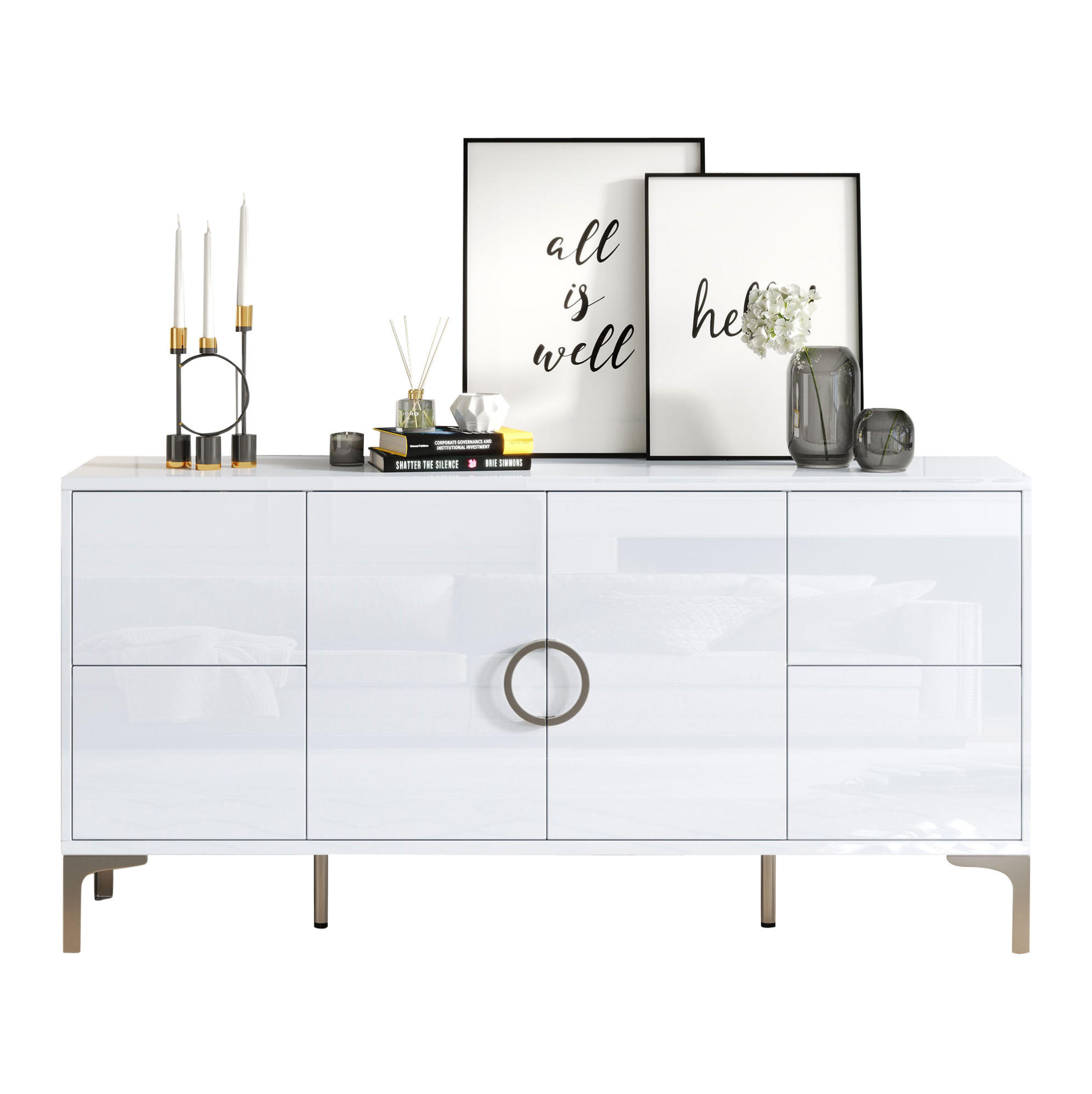 SIDEBOARD 150/38/59.5 cm Weiß aus MDF Hochglanz - Weiß, Holzwerkstoff (38/59.5/150cm) - OKMYHOME
