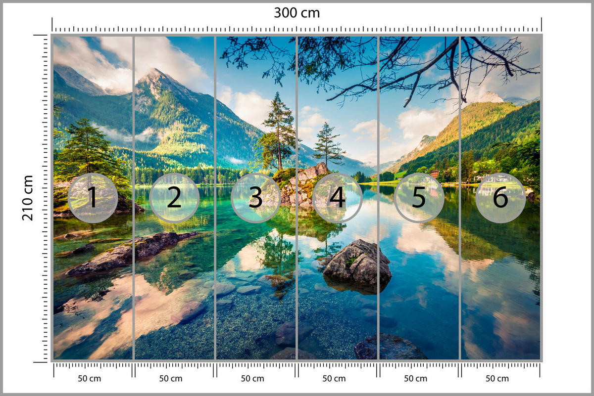 FOTOTAPETE für Schlafzimmer Bergsee Nadelbäume Felsen Natur Landschaft 300x210 - Türkis/Beige, Papier (300/210cm) - Muralo