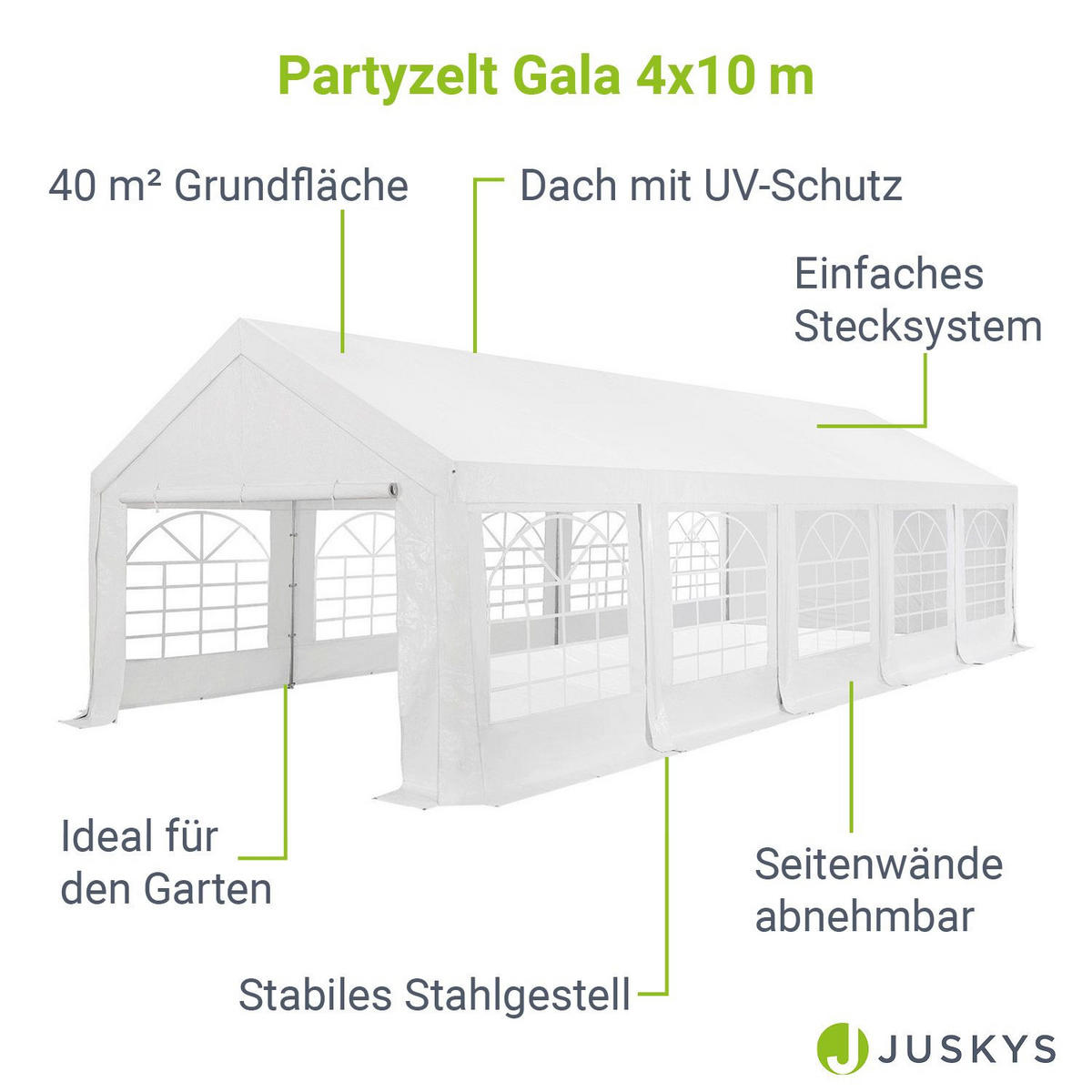 FESTZELT Partyzelt Gala weiß 4x10 m - Weiß, Kunststoff (400/300/1000cm) - Juskys