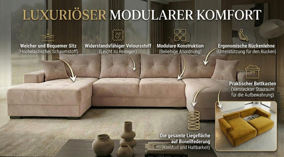 ECKSOFA MODENA 320 cm x 185 cm – Stoff: ECO CAYENCE Espresso 1116 Farbe: Braun - Braun, Textil (320/185cm) - A&J MöbelLand