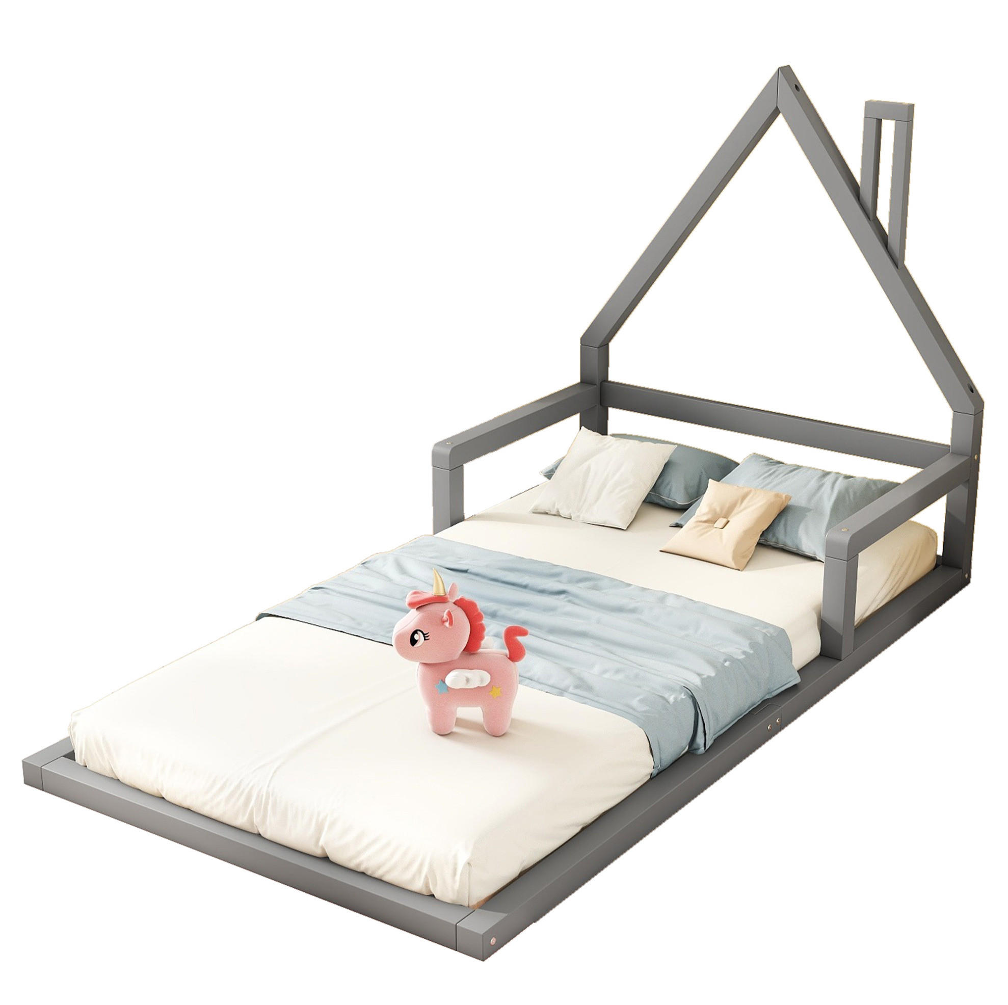 POSTELJA v obliki hiše 90/200 cm siva iz bora in MDF enostavna za vzdrževanje - siva, les (90/200cm) - OKWISH