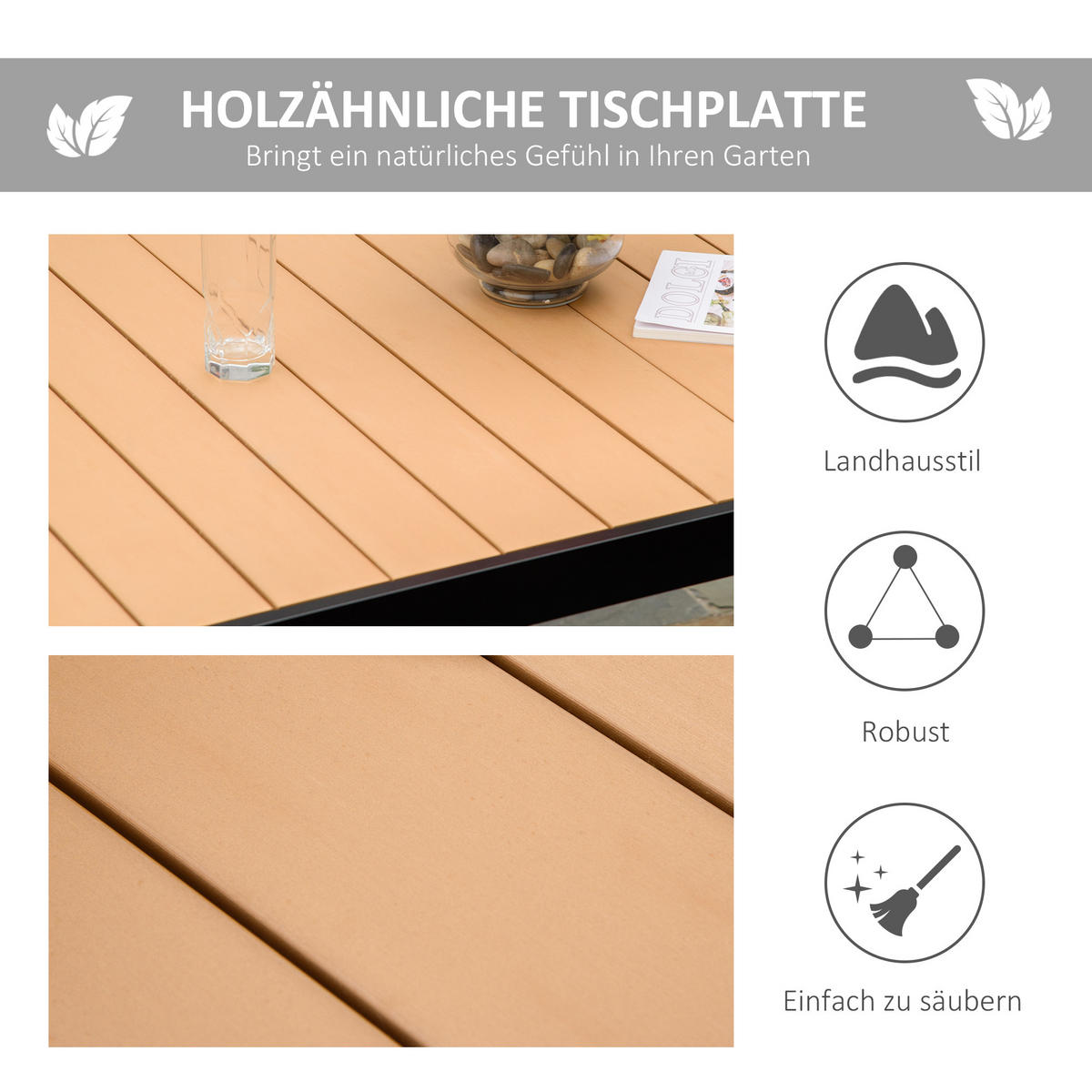 GARTENTISCH, Naturholz, Aluminium - Naturfarben, Kunststoff/Metall (140/90/74cm) - Outsunny