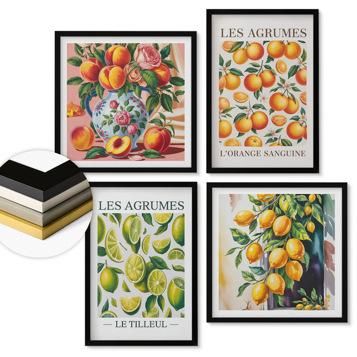 WANDBILDER 4er-Set - 50x50 cm & 40x60 cm Schwarzer Rahmen - Frische, farbenfrohe Zitrusfrüchte - Schwarz, Kunststoff (50/50cm) - ArtPrintCave