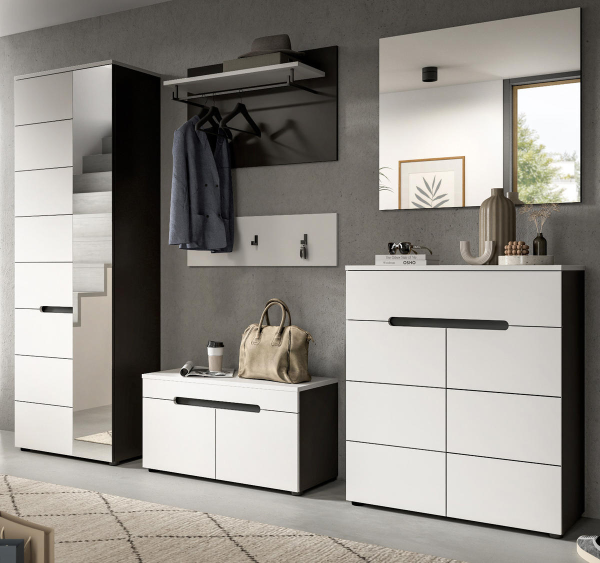 GARDEROBEN-SET 6-teilig in weiß, grau 255 cm, Komplettset mit Soft-Close, Cooper - Schwarz/Weiß, Glas/Holzwerkstoff (255/190/37cm) - Inn.Furn