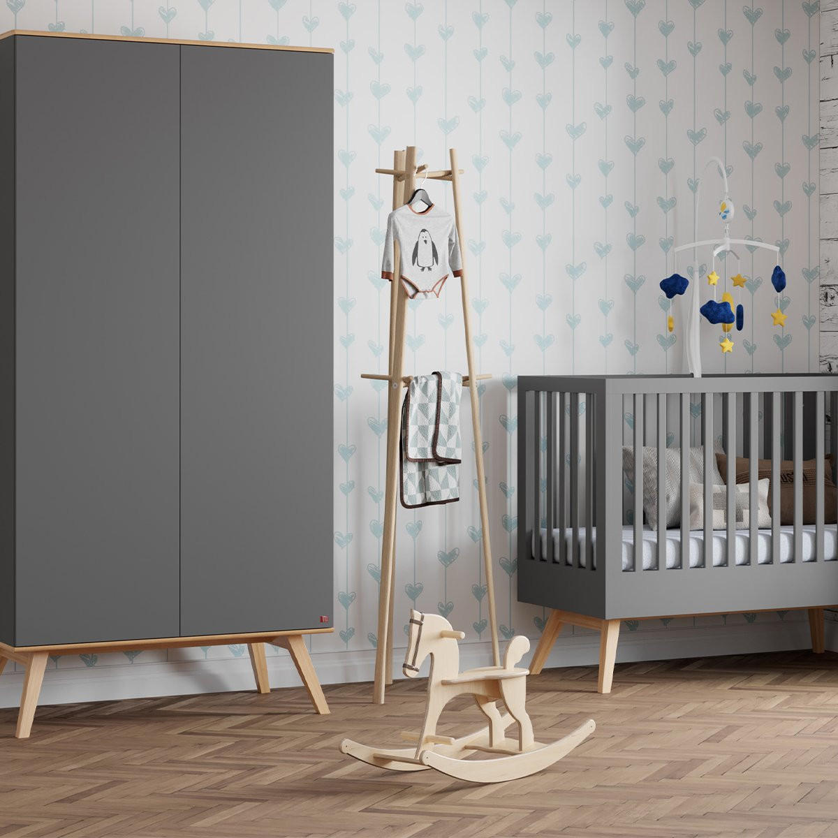 KLEIDERSCHRANK mit Kleiderstange, 8 Regalen, und 2 Türen, L100 x H207cm - Nature - Grau, Holzwerkstoff (100/207.5/58cm) - Calicosy