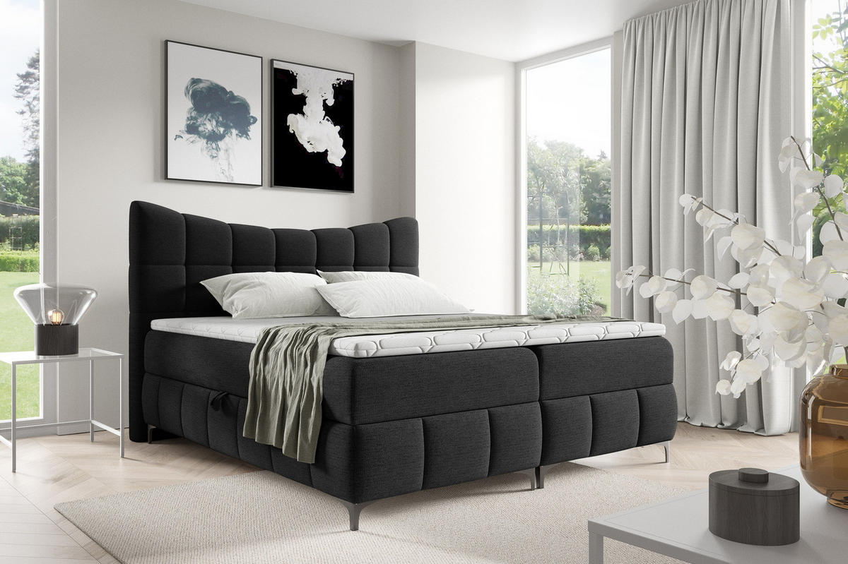 BOXSPRINGBETT 200x200 Almera, Chenille, Bettkasten, Matratze, Schwarz - Schwarz, Holz/Textil (200/200cm) - Emporius