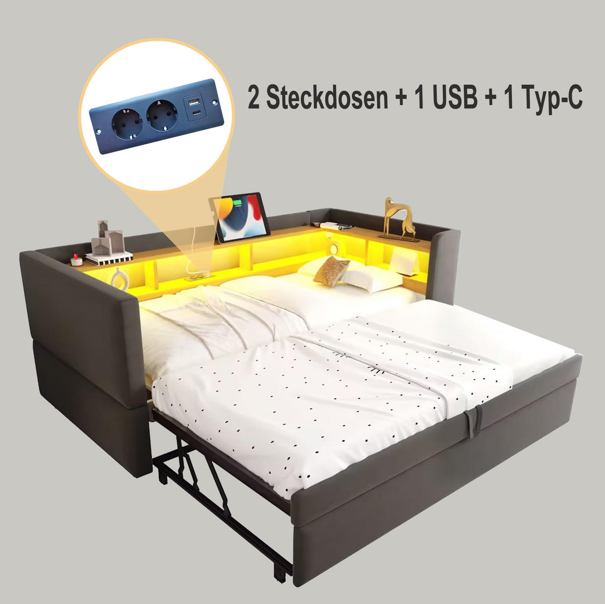 POLSTERBETT aus Flanell 90/180x190 cm Dunkelgrau mit LED-Beleuchtung, Steckdosen und Ablagefächern - Dunkelgrau, Textil (90/190cm) - Modfu