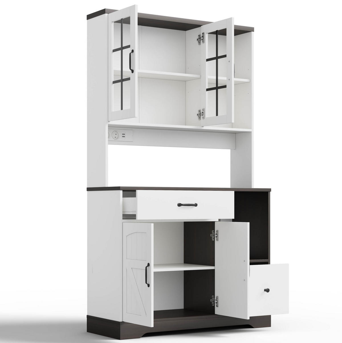 BUFFETSCHRANK aus MDF 105x40x185 cm Natur/Weiß mit LED-Beleuchtung, Steckdosenmodul und verstellbaren Einlegeböden - Naturfarben, Holzwerkstoff (105/185/40cm) - Modfu