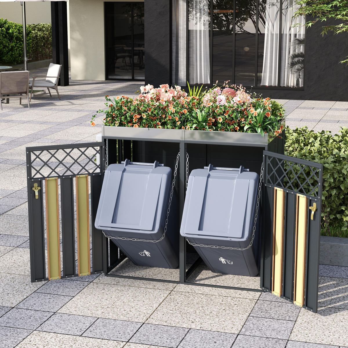 MÜLLTONNENBOX 2 Türen Pflanzfläche Lüftung abschließbar - Grau, Metall (132/124.5/80cm) - LEBENLANG