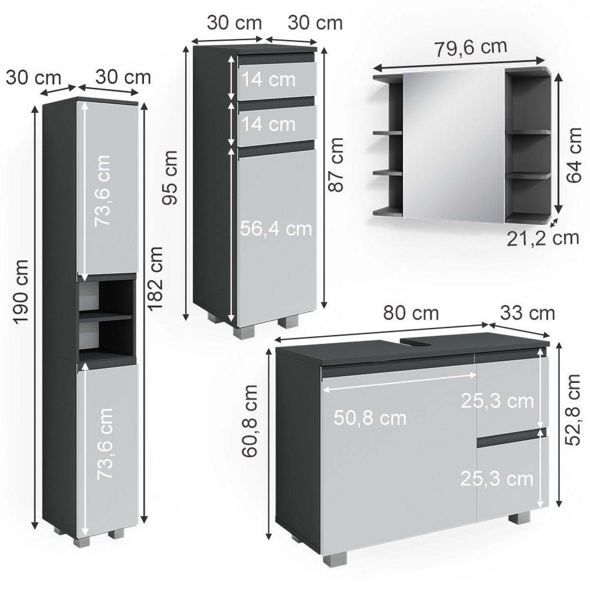 BADMÖBEL-SET J-Shape Anthrazit 4 Teile - Anthrazit/Weiß, Holzwerkstoff (80/60/33cm) - Vicco