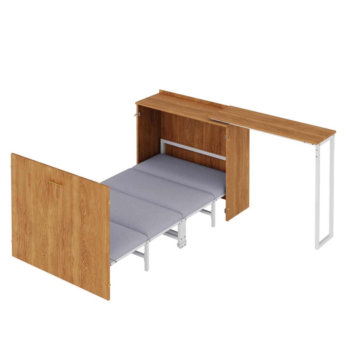 KLAPPBETT 90/200 cm mit drehbarem Schreibtisch, Rollen und Matratze, platzsparend, Natur - Naturfarben, Naturmaterialien (90/200cm) - Redom