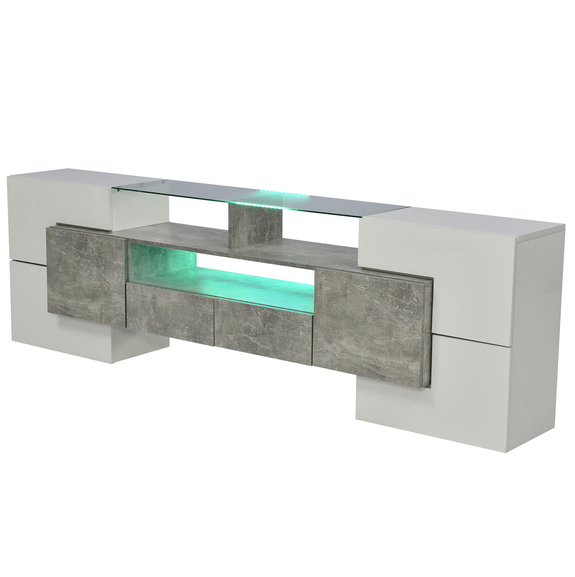 Redom TV stolek 200/35/60 cm s LED osvětlením, lesklým povrchem a prostorným úložným prostorem, Šedá