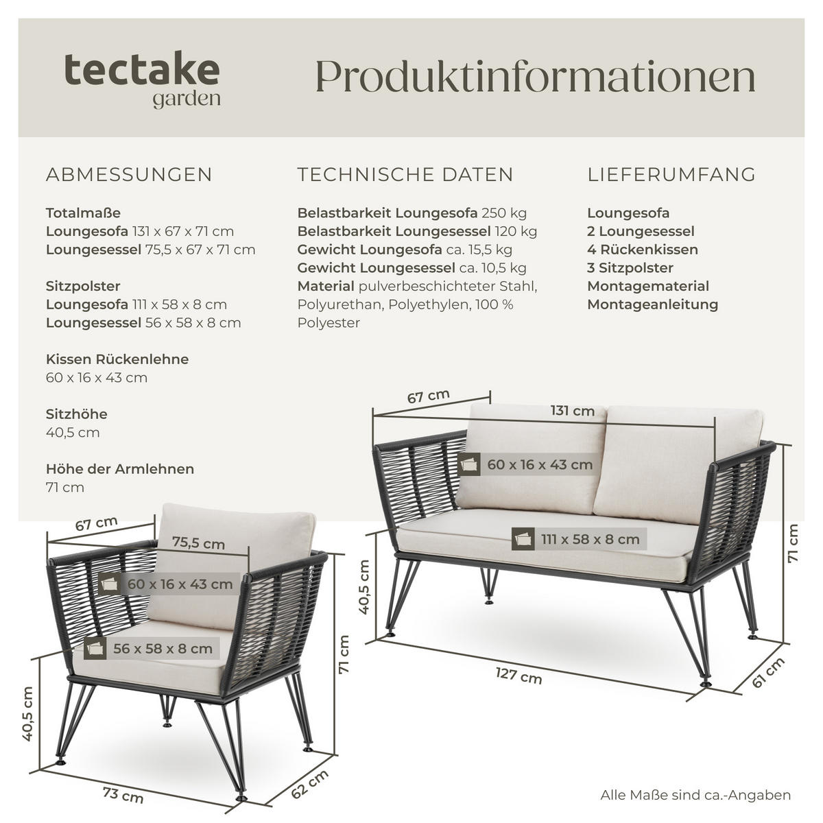 GARTEN-LOUNGESET Sundo,höhenverstellbare Füße,anthrazit - Anthrazit, Kunststoff/Textil - tectake