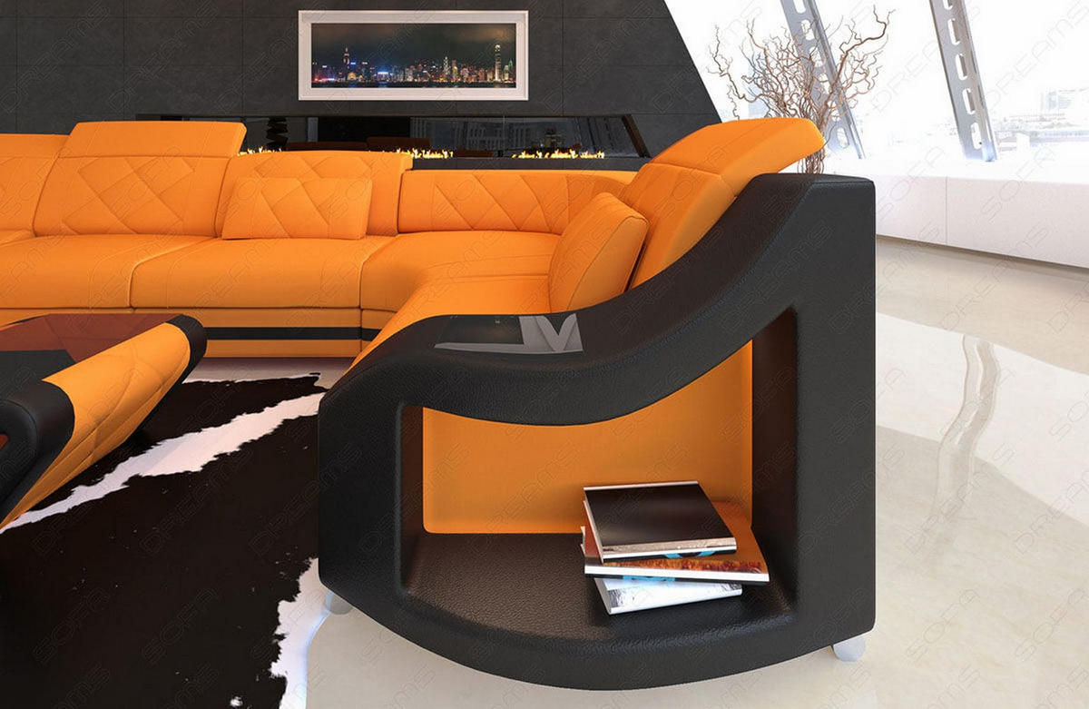 WOHNLANDSCHAFT Stoff Sofa Swing U Form Apricot Schwarz Mikrofaserstoff - Orange, Kunststoff (404/90/220cm)