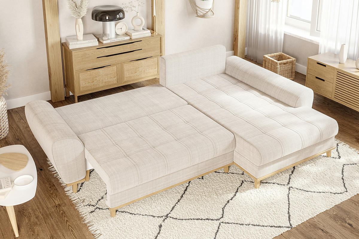 ECKSOFA im Scandi-Stil, Schlaffunktion, Bettkasten B268/T175/H86 cm, Ottomane rechts, Liegefl. 128x209 cm, Bouclé Chenille Stoff in Beige / 21013 - Eichefarben/Beige, Holz/Textil (268/175cm) - luma-home