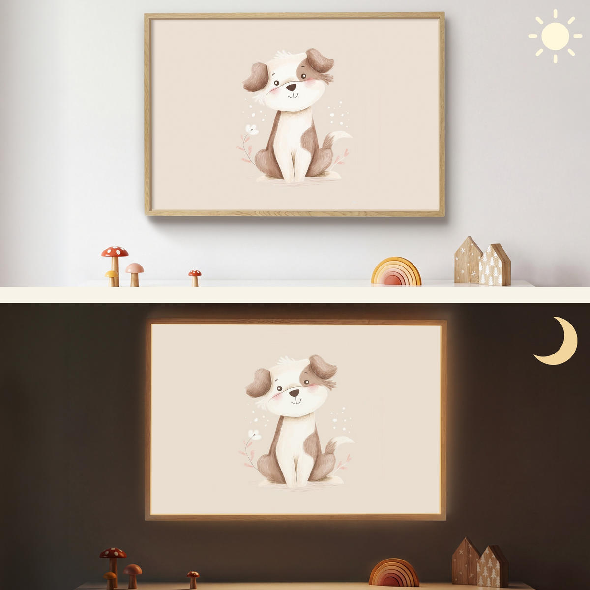 NÁSTĚNNÁ LAMPA S AKUMULÁTOREM Pes - skvrnitý - hnědý 100x70 cm - béžová, kompozitní dřevo (100/70/8cm) - OnlyWow