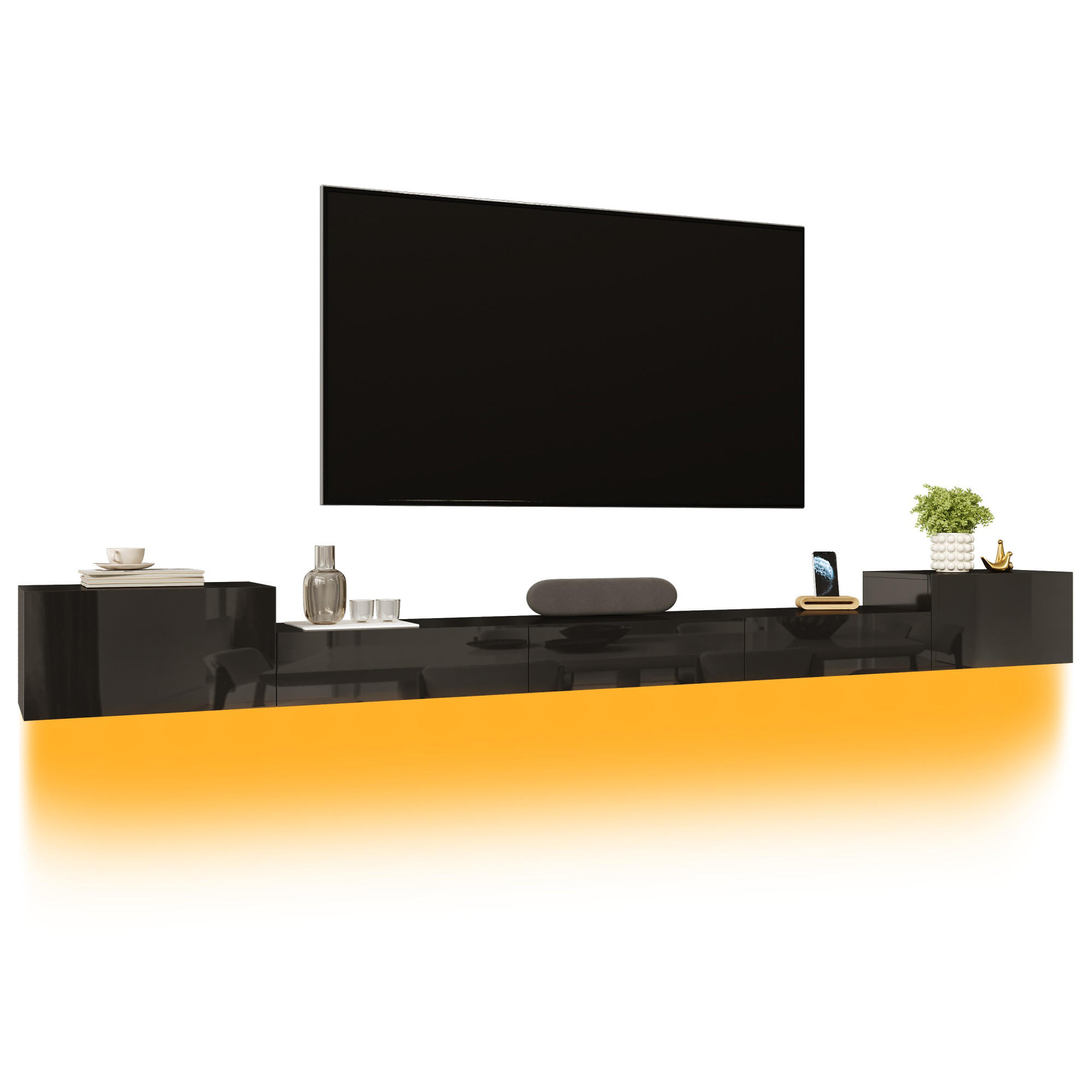 TV-LOWBOARD hängend 245 x 30 x 26 cm aus MDF, LED, Hochglanztüren, Schwarz - Schwarz, Holzwerkstoff (245/26/30cm)