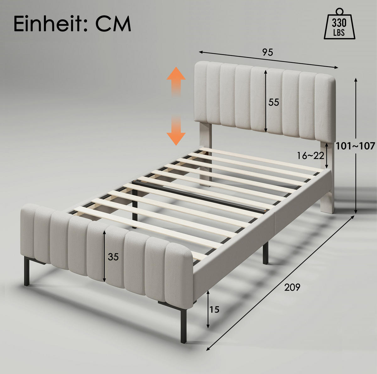 POLSTERBETT aus Leinen und Massivholz 90x200 cm Grau-Beige mit Matratze und verstellbarem Kopfteil - Beige, Textil (90/200cm) - IVMEU