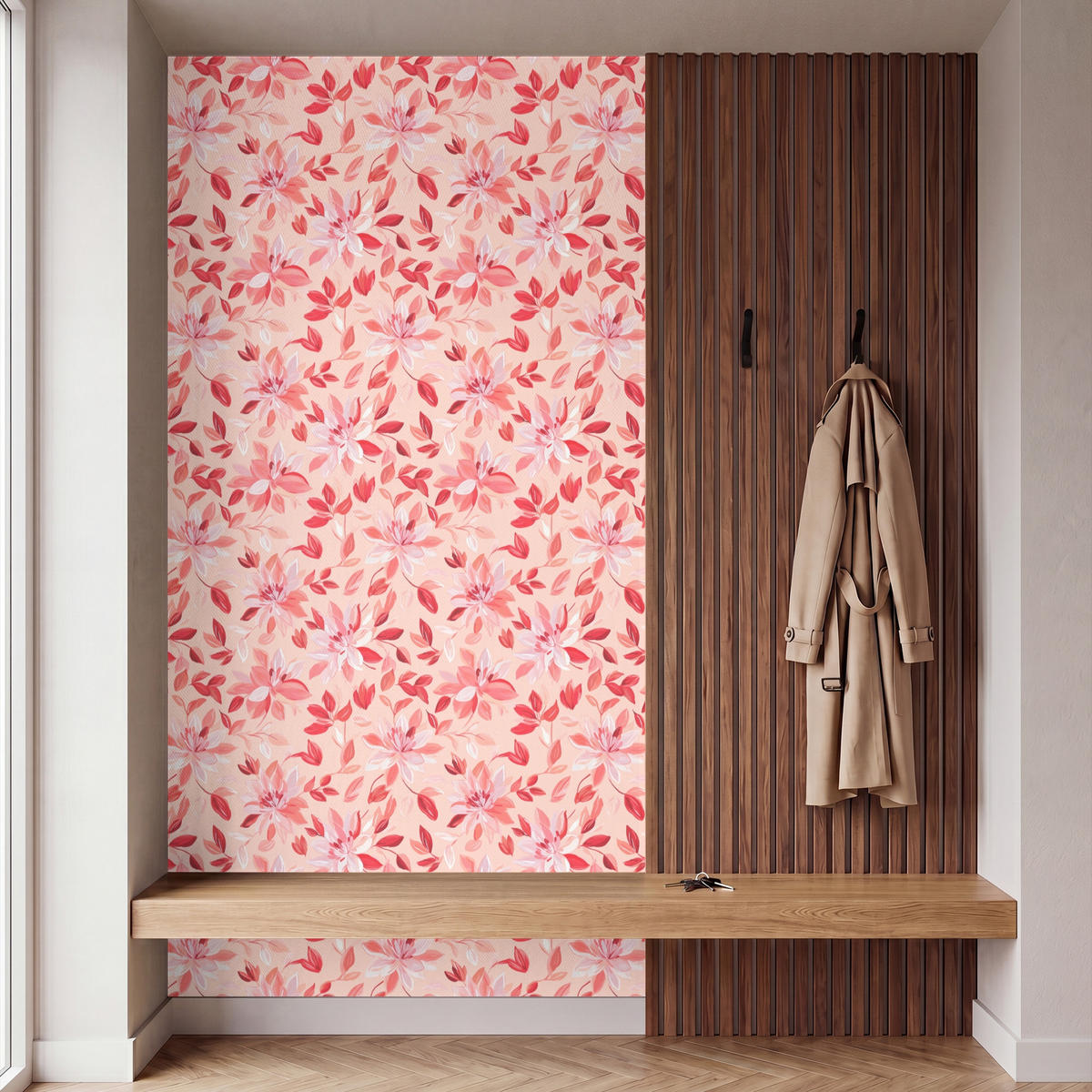 TAPETE - Botanisch - Blumen - Rot - 160x300 cm - Koralle, Papier (160/300cm) - OnlyWow