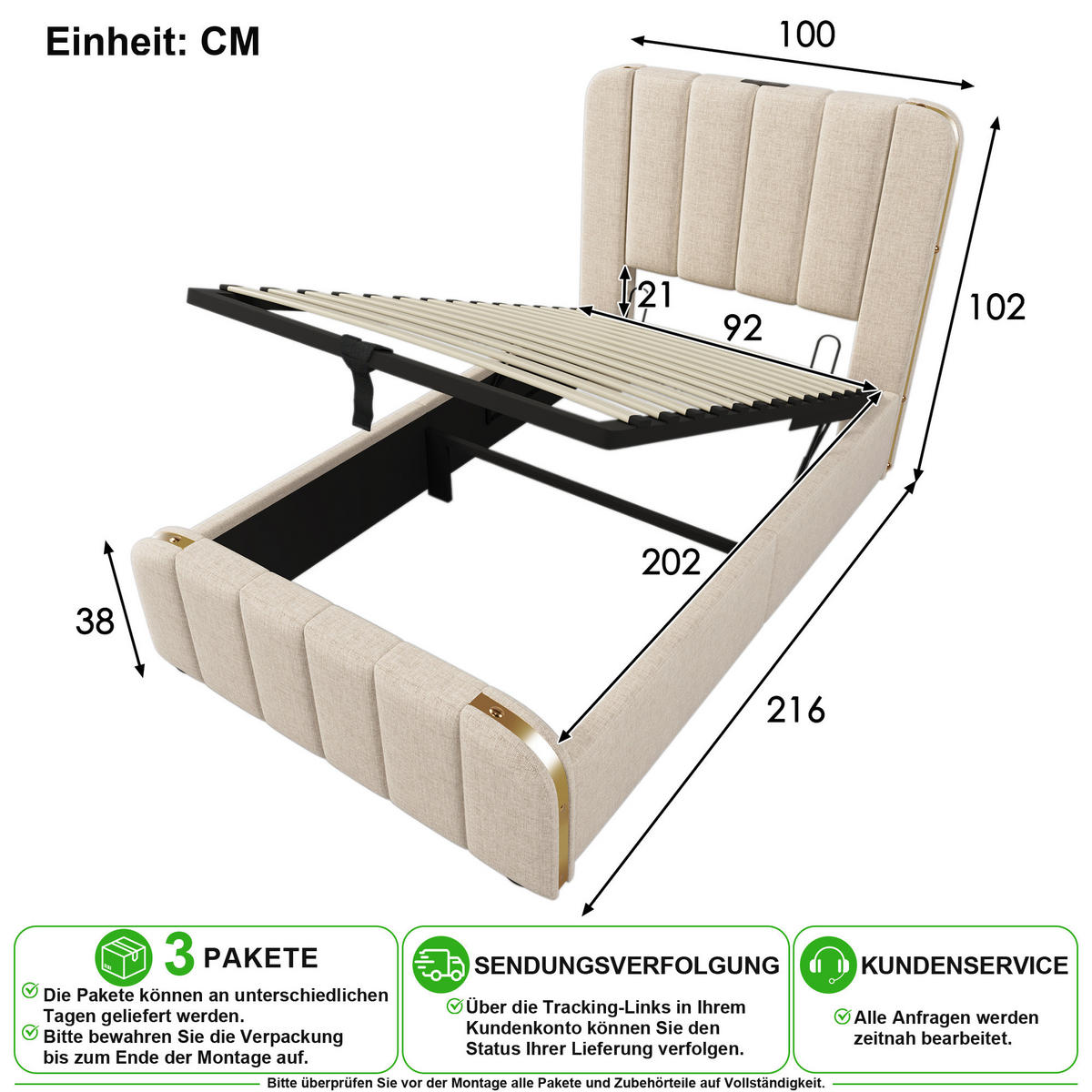 ČALOUNĚNÁ POSTEL 90/200 cm v béžové barvě s úložným prostorem, USB a Type-C - béžová, kov/kompozitní dřevo (90/200cm) - CHICFURN