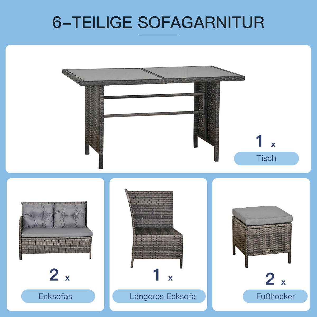 GARTENSET Lounge, Polyrattan, Grau - Grau, Kunststoff - Outsunny