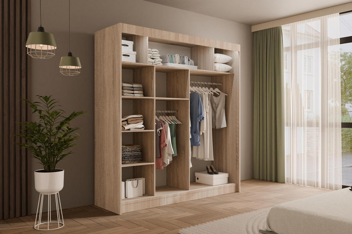 KLEIDERSCHRANK mit LED, Lamel-Schiebetüren VILANv2 - 200 cm Sonoma Eiche + Sonoma Eiche + Lamelle Eiche Wotan - Eiche Wotan/Sonoma Eiche, Holzwerkstoff (200/215/61cm) - ALTDECOR