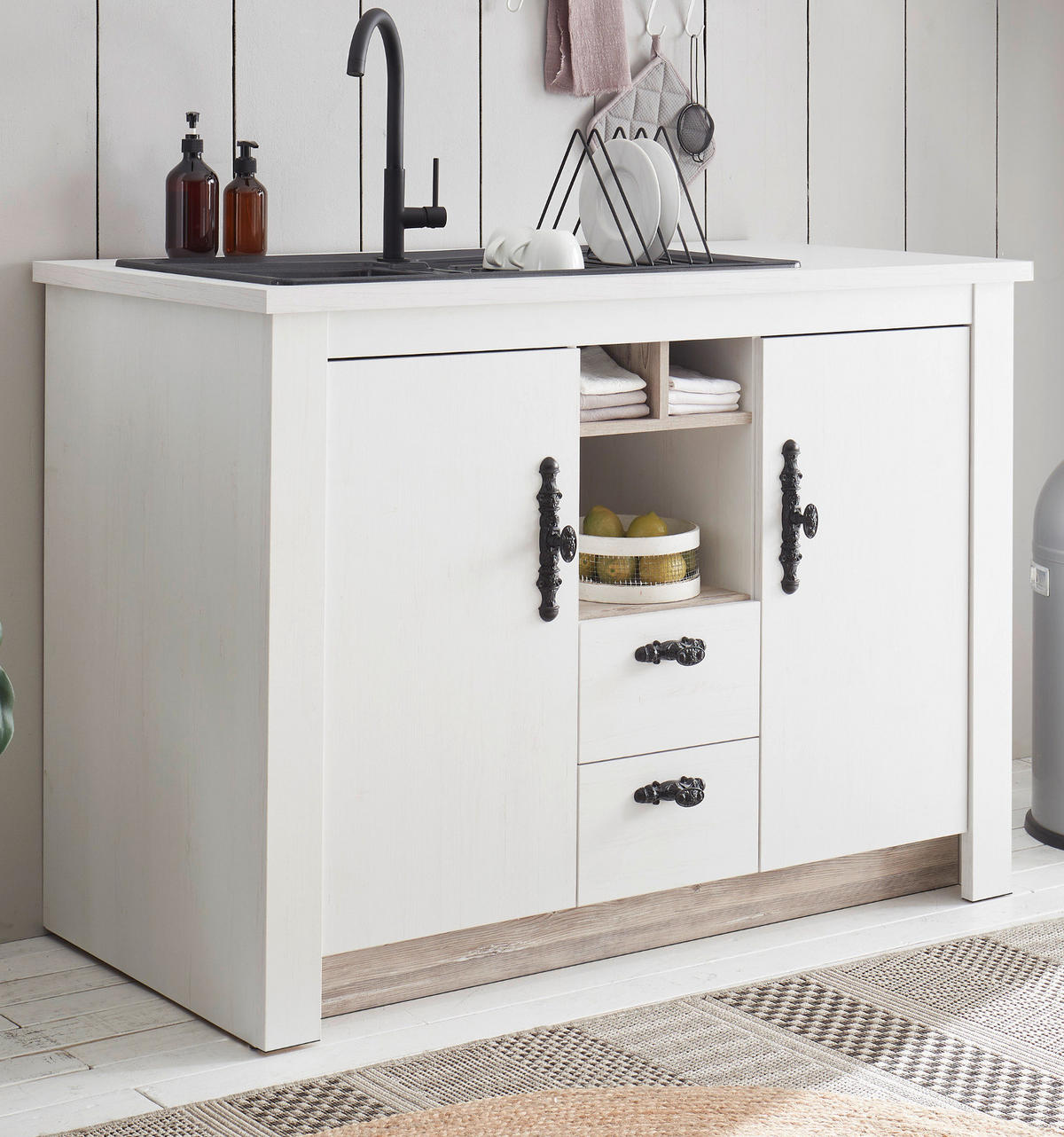 KÜCHENSCHRANK weiß Pinie Landhaus, Küche Unterschrank für Spüle oder Kochfeld, 129 x 92 cm, Soft-Close - Schwarz/Weiß, Holzwerkstoff/Metall (129/92/60cm) - Furn.Design
