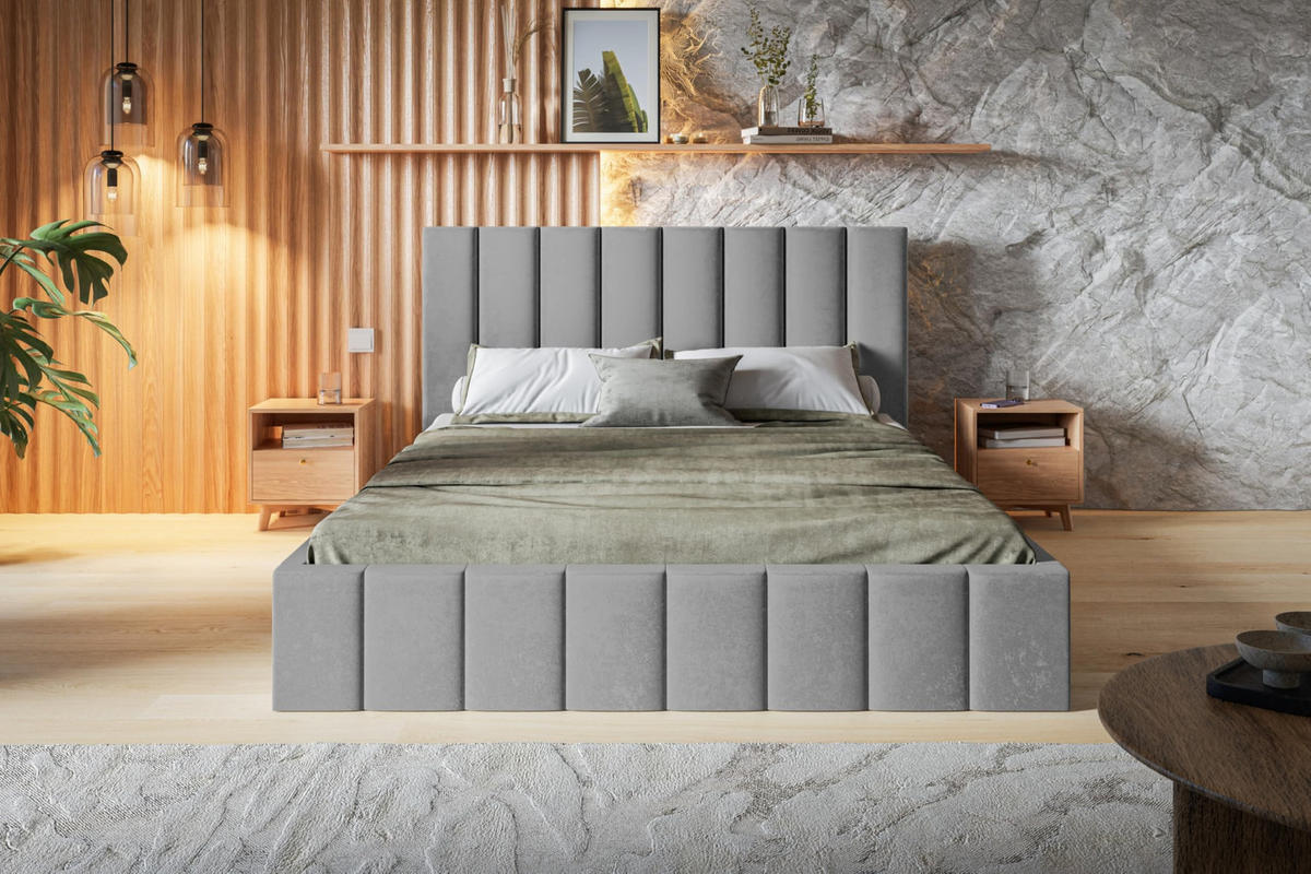 BETT 140x200 - Polsterbett mit Bettkasten und Holzrahmen - Modern Betten - Weicher Jasminstoff - Kollektion Toledo - Grau - Grau, Holz/Textil (140/200cm) - Alpi-Möbel