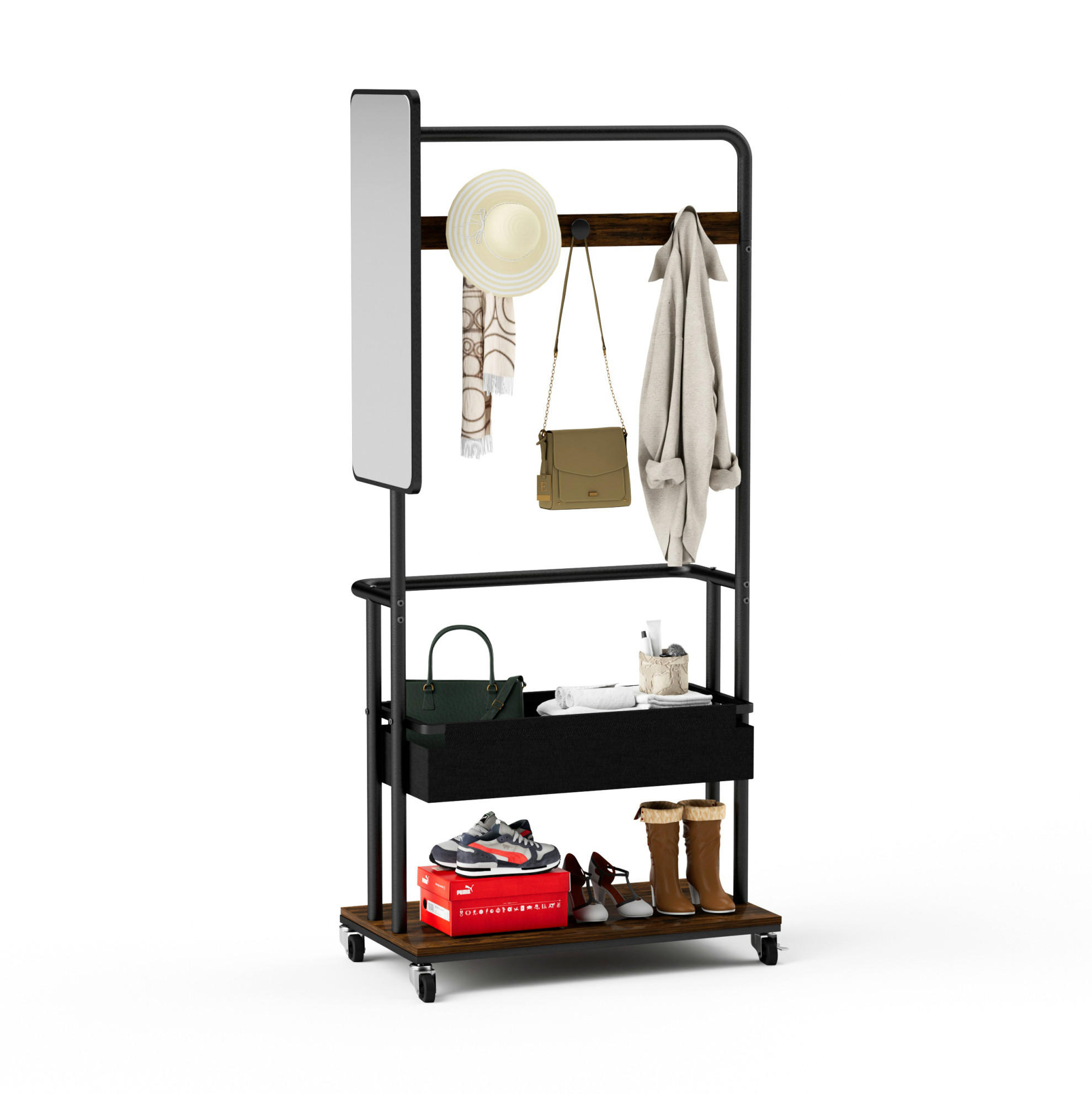 GARDEROBE Schwarz/Braun aus Holzwerkstoff und Stahl mit Rollen - Schwarz, Holzwerkstoff (40/170/70cm) - OKMYHOME