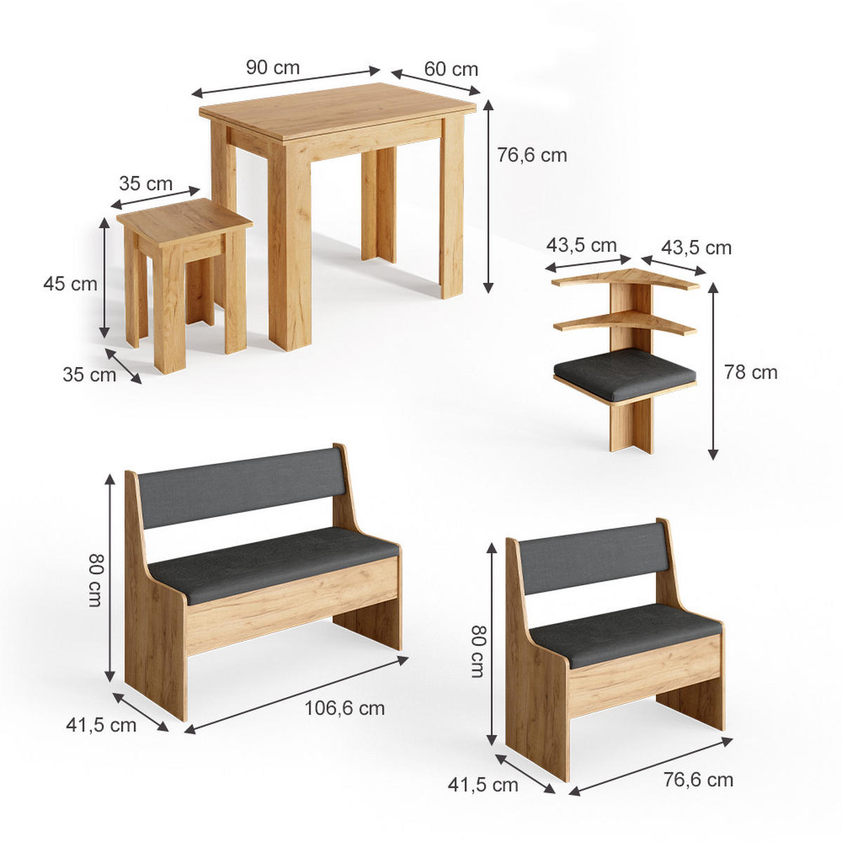 ECKBANKGRUPPE Roman Goldkraft Eiche 150 x 41.5 cm mit Tisch - Anthrazit/Eiche Wotan, Holzwerkstoff (150/80/120cm) - Vicco