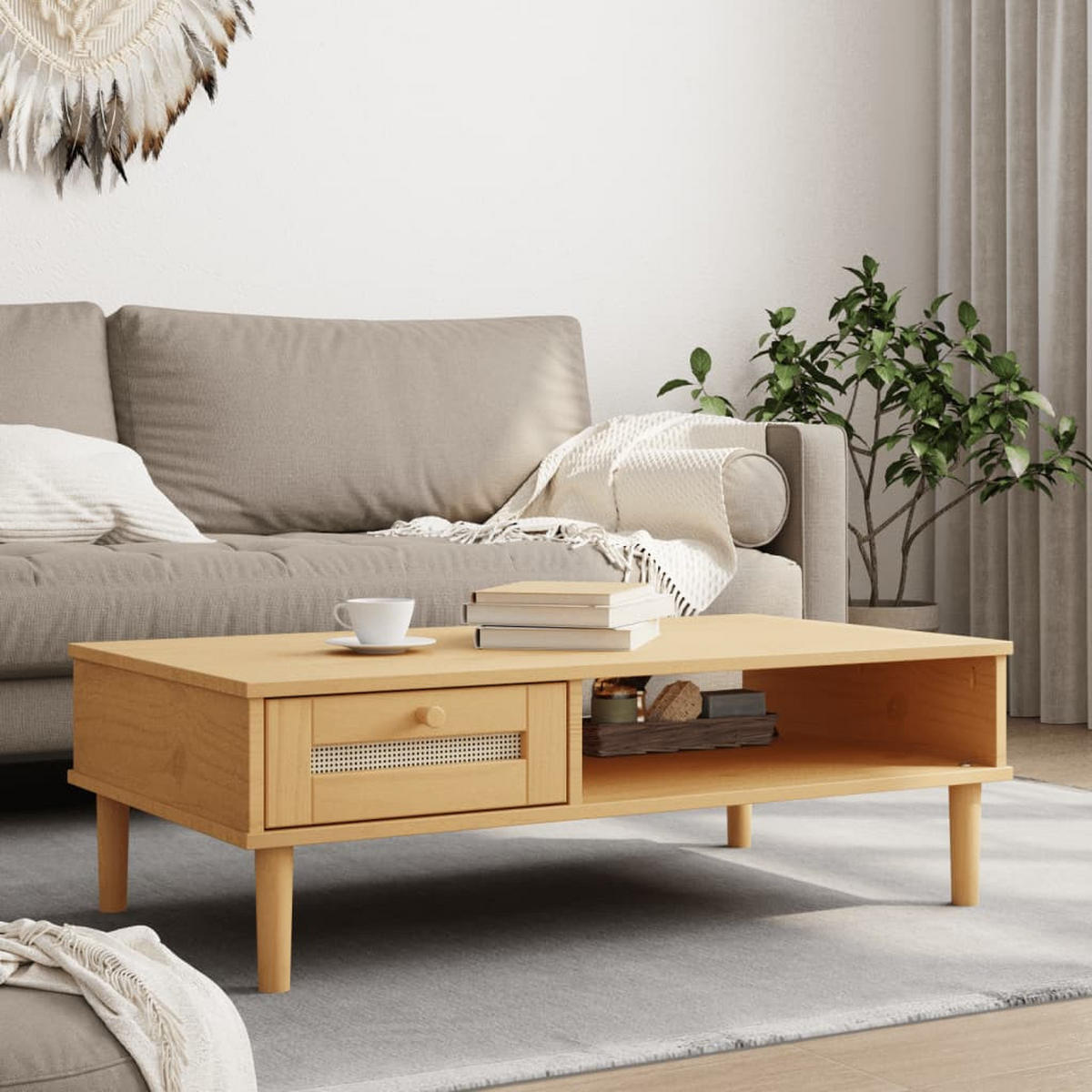 COUCHTISCH SENJA Rattan-Optik Braun 100x55x33 cm Kiefernholz - Braun, Holz (100/1/33cm) - furnicato