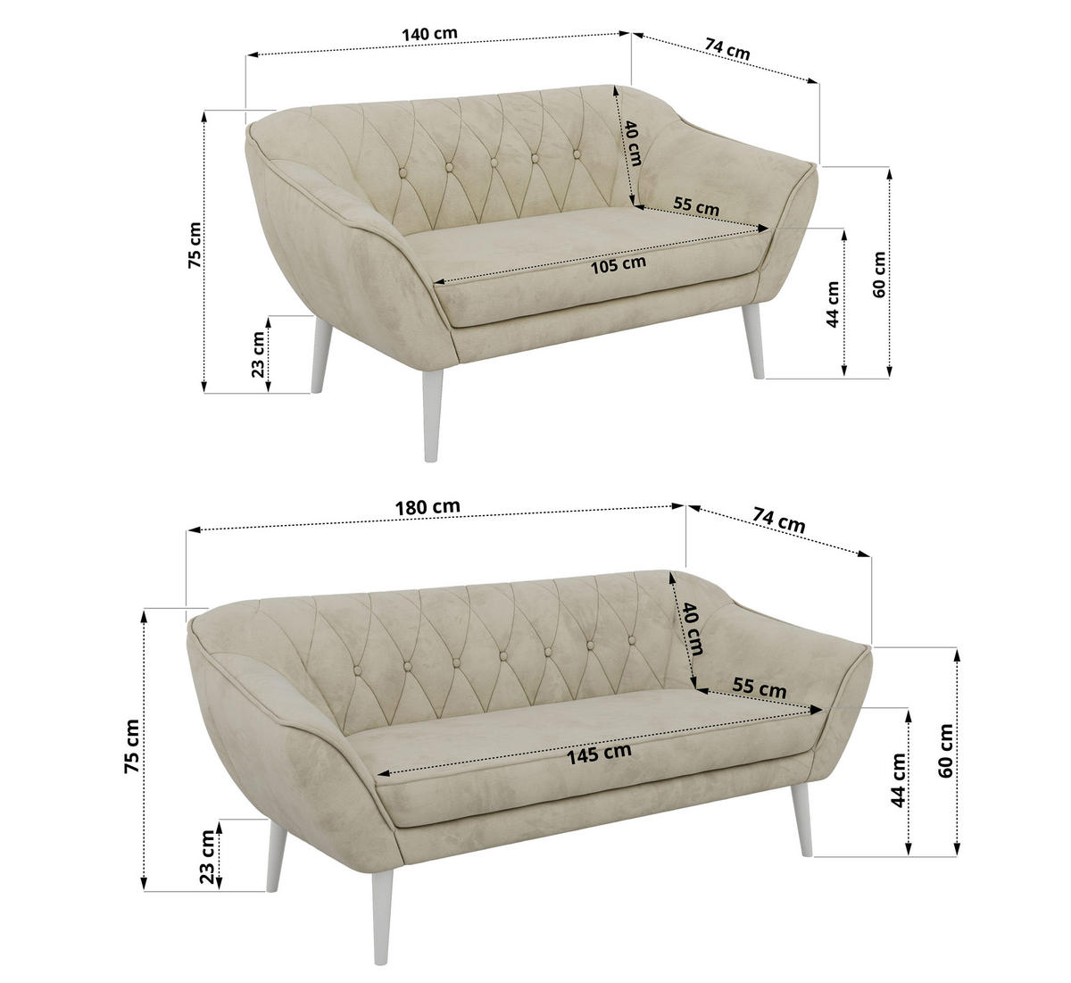 SITZGARNITUR PIRS 3+2 - Beige Velvet - Weiße Beine - Beige/Weiß, Holzwerkstoff/Textil (180/75/74cm) - MKS