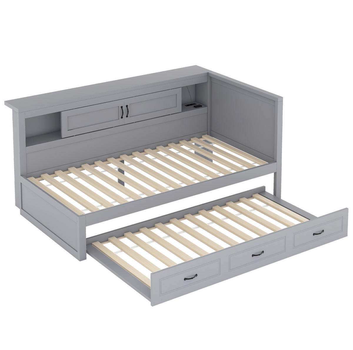 BETT 90/200 cm mit Ausziehbett, LED, USB und Stauraum in Grau - Grau, Holzwerkstoff (90/200cm) - BEAOK