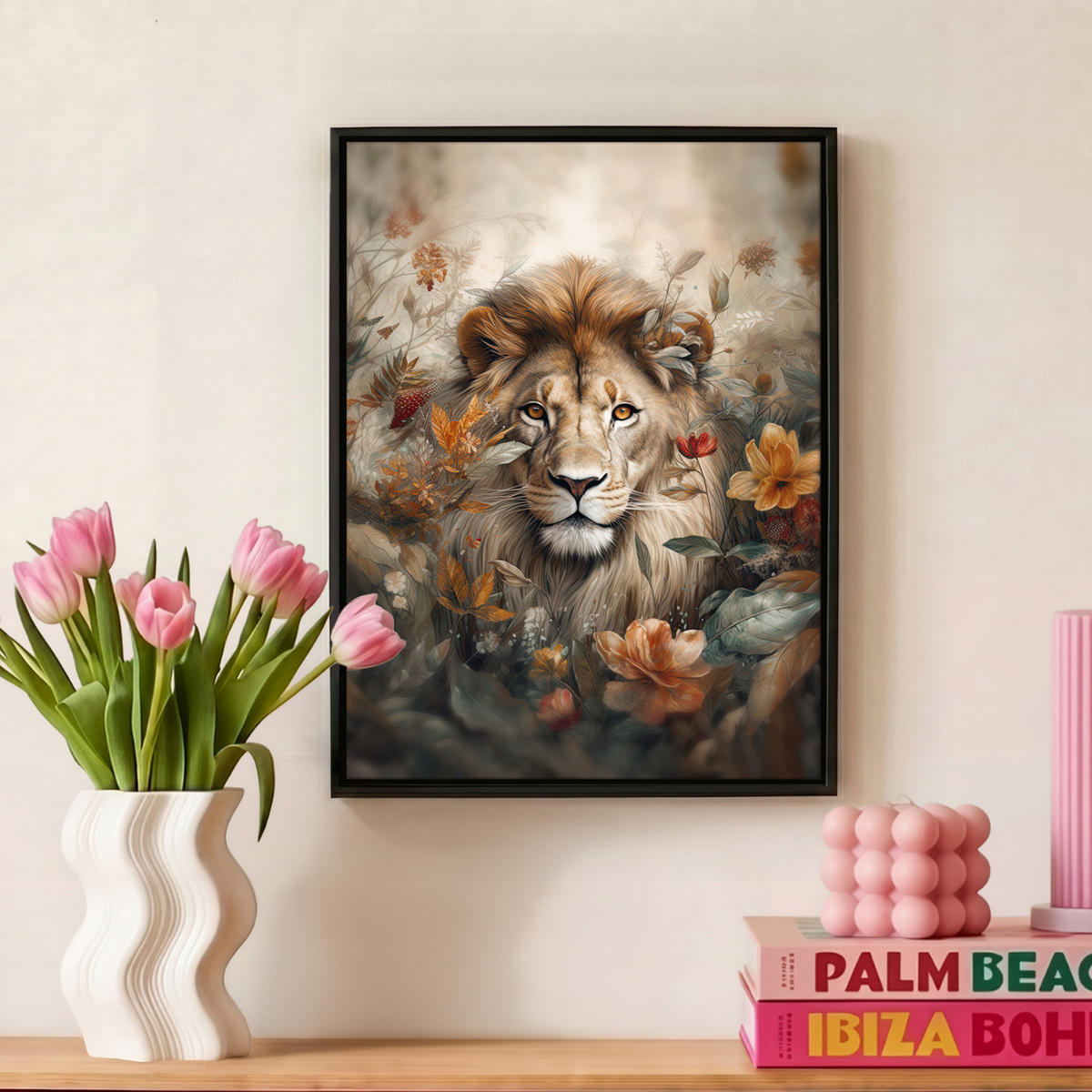 LEINWAND Bilder mit Rahmen - Löwe - Wildtiere - Pflanzen - Natur - Blumen - 30x40 - Beige, Textil (30/40cm) - MuchoWow