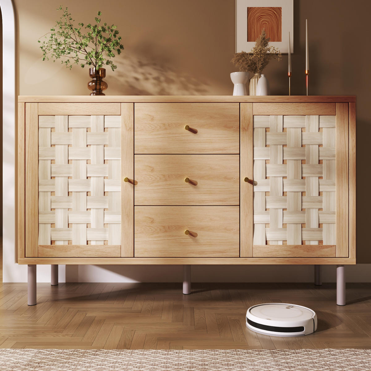KOMMODE 120/40/75 cm in Eichefarben mit 2 Türen, 3 Schubladen und Metallbeinen - Nussbaumfarben, Holzwerkstoff (120/70/40cm) - Flora Grace