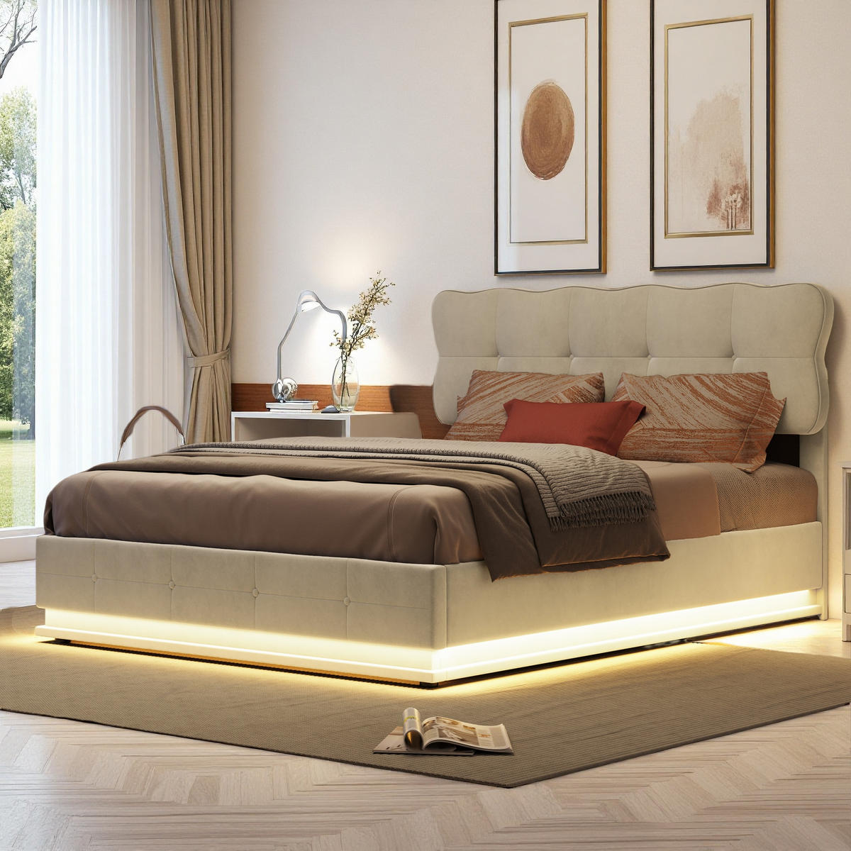 POLSTERBETT 140/200 cm Beige mit Bettkasten und LED-Beleuchtung - Beige, Holz (140/200cm) - SHOPENTRA