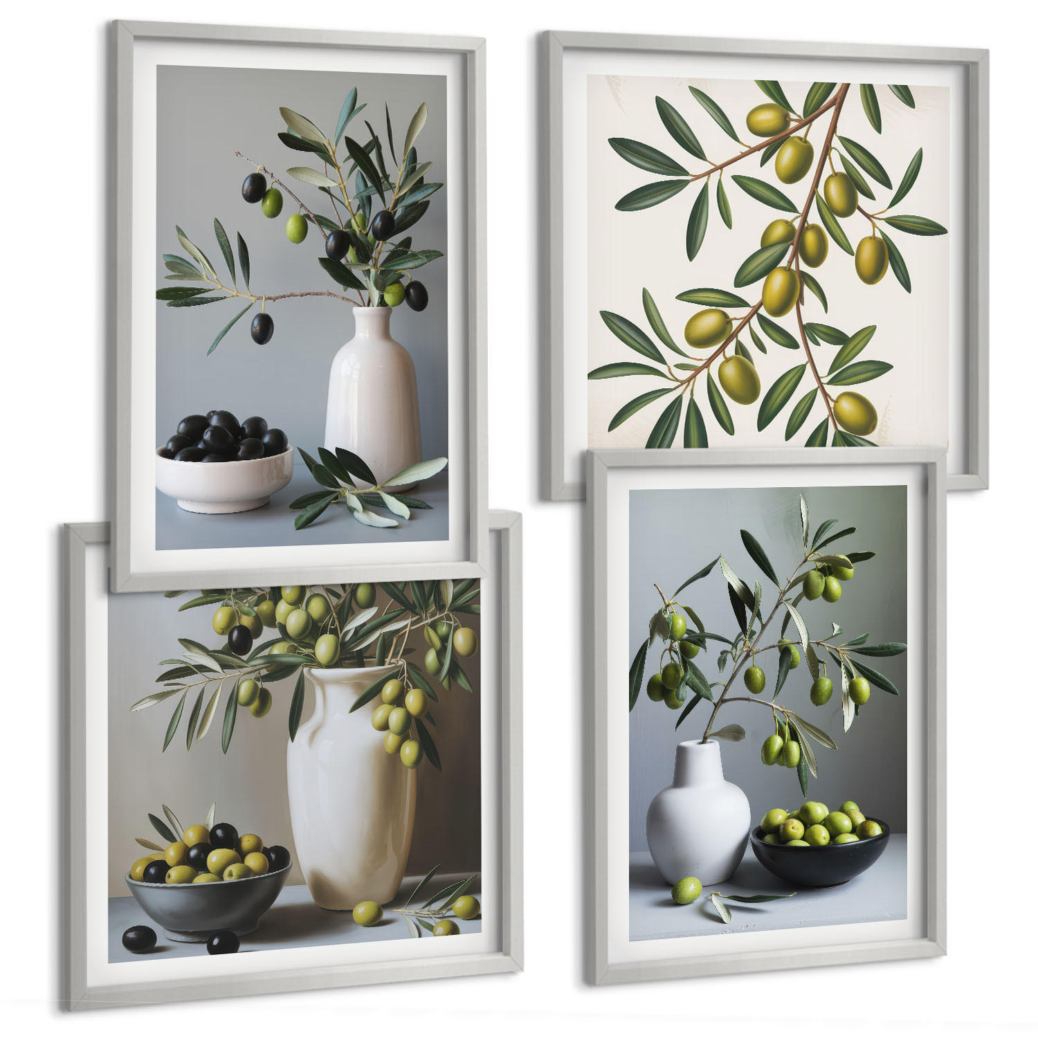 BILDER SET 4er Set - 50x50 cm & 40x60 cm Silberner Rahmen - Oliven in Vasen in gedeckten Farben - Silberfarben, Kunststoff (50/50cm) - TULUP